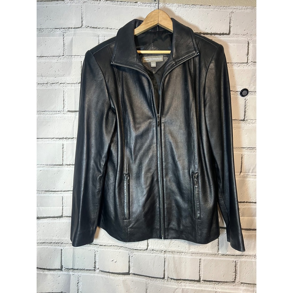 Valerie Stevens Black Genuine Lamb Leather Zip Up Jacket Womens Large L RN19711